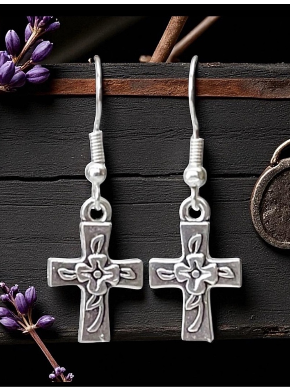 Sterling Floral Cross Drop Earrings - Silver